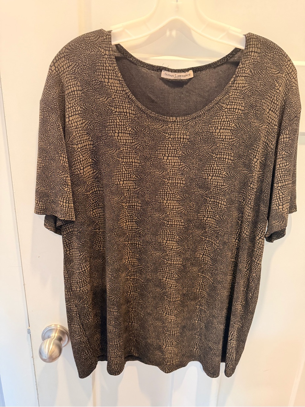 Susan Lawrence Animal Print Top Brown Black Short Sleeve Blouse large